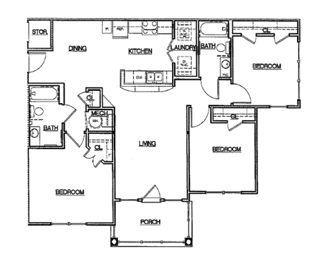 Floor plan for 3 beds, 2 baths, 1133 sqft